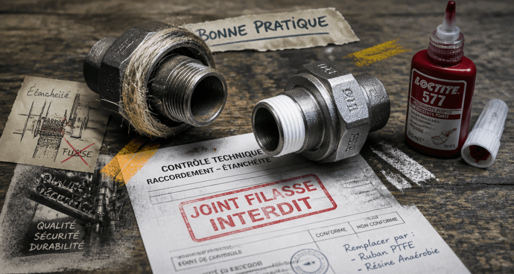 joint filasse interdit sur raccords, alternatives PTFE et résine