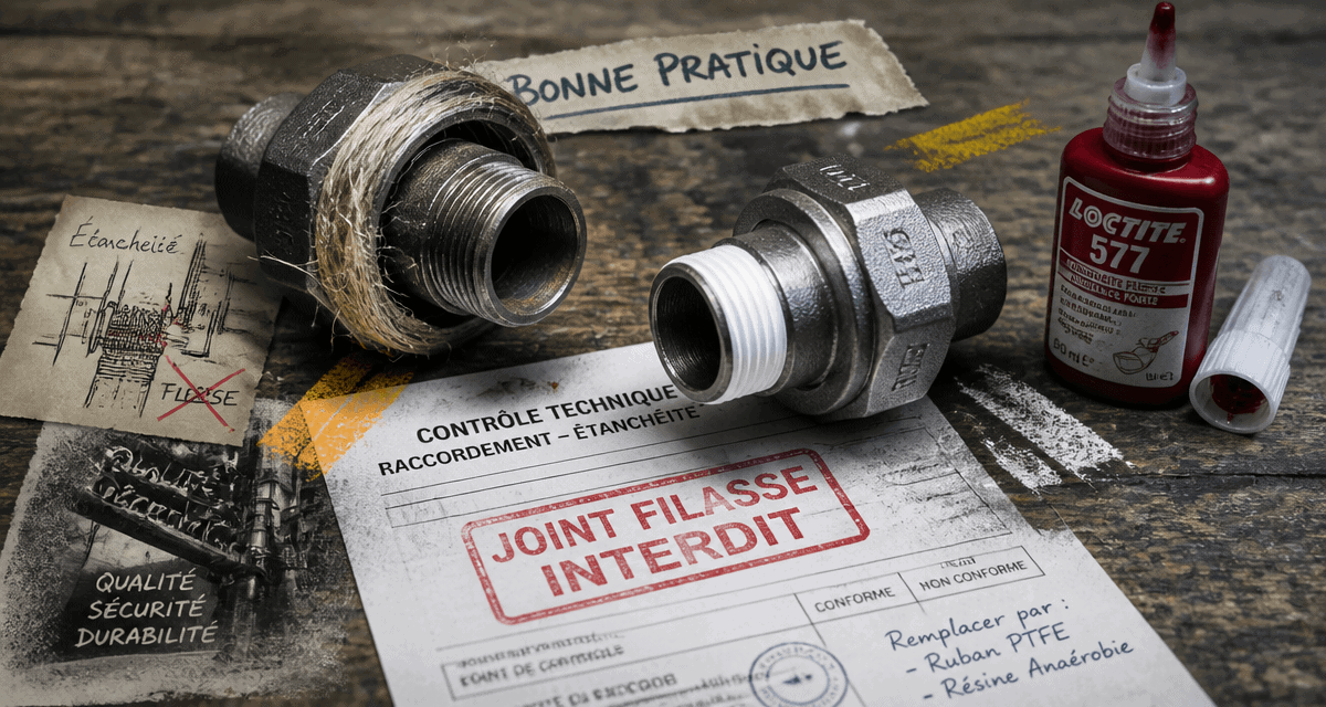 joint filasse interdit sur raccords, alternatives PTFE et résine