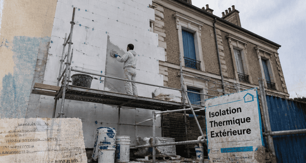 Ravalement ITE immeuble en chantier façade isolée