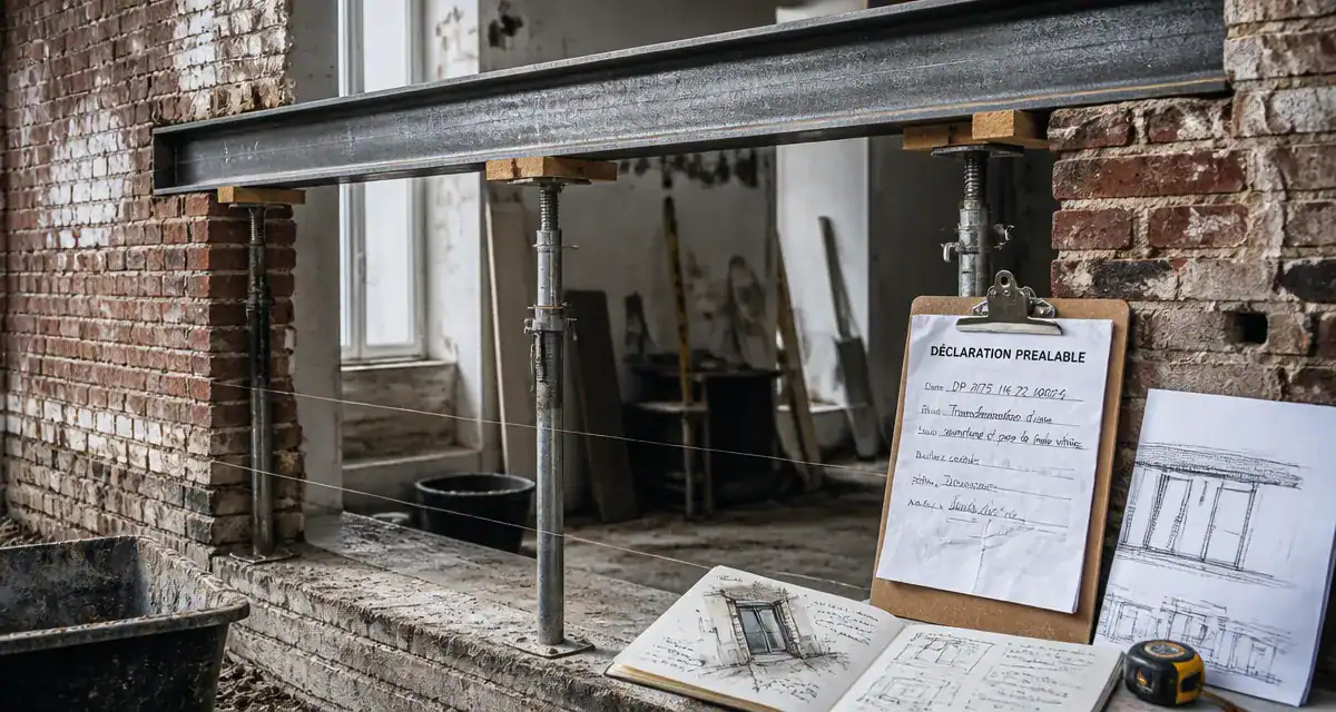 Agrandir fenetre : chantier, linteau IPN et déclaration préalable
