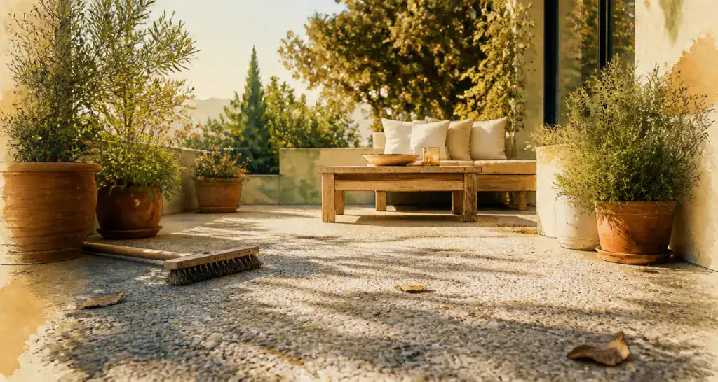 béton desactivé terrasse texture granulats et plantes