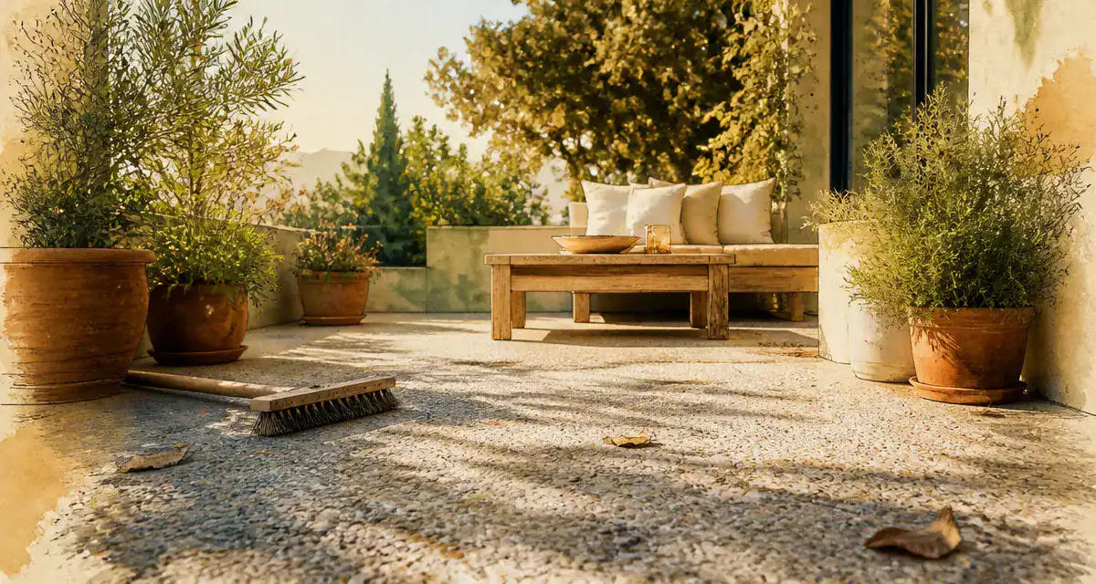béton desactivé terrasse texture granulats et plantes