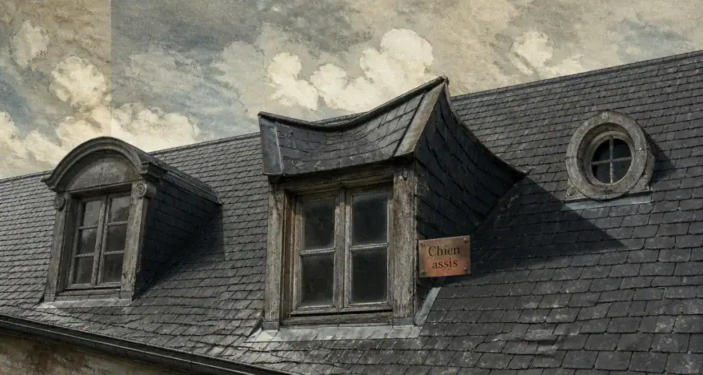chien assis maison sur toit ancien
