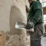 Crepi prix m2 : façade en cours de ravalement, enduit projeté