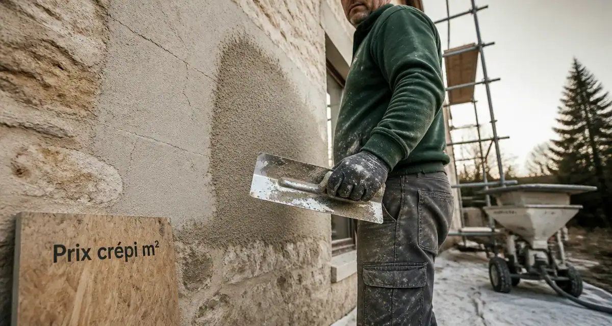 Crepi prix m2 : façade en cours de ravalement, enduit projeté