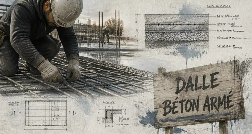 Ouvrier posant une dalle en béton armé sur chantier