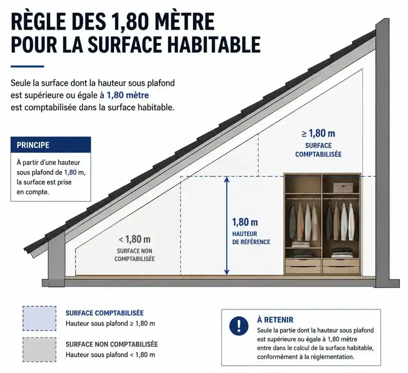 Schéma explicatif du calcul de la surface habitable avec placard intégré et règle des 1,80m