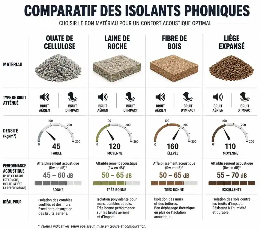 Comparatif des meilleurs isolants phoniques : ouate de cellulose, laine de roche, fibre de bois et liège pour une isolation acoustique efficace.