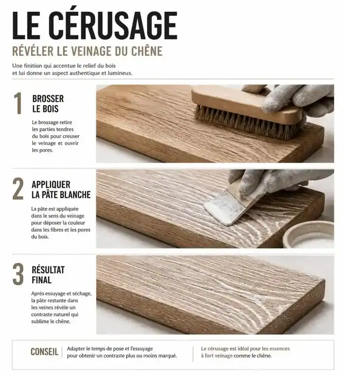 Étapes de la technique pour céruser un bois : du brossage à la finition
