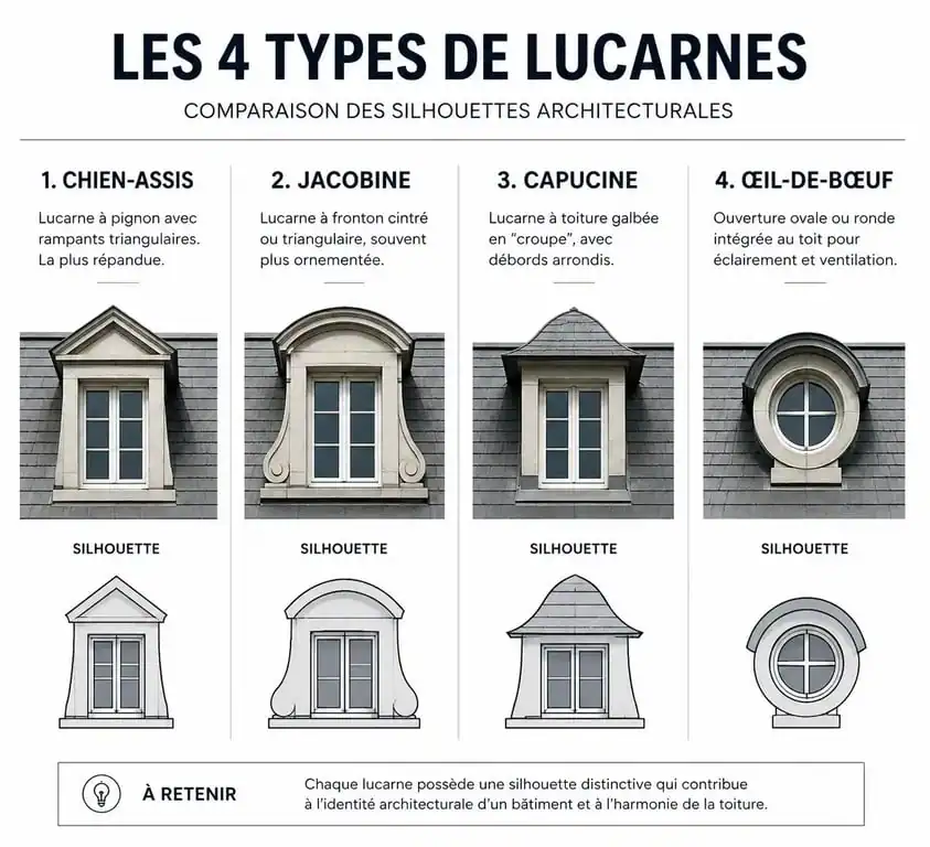 Comparatif visuel des différents types de lucarnes pour maison : chien-assis, jacobine, capucine et œil-de-bœuf