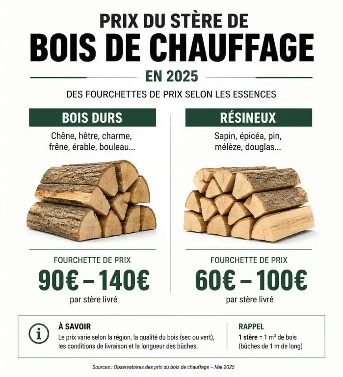 Infographie des prix du stère de bois 2025 par essence