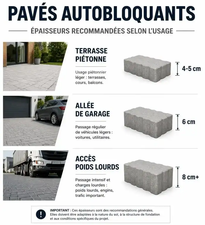 Tableau des épaisseurs de pavés autobloquants selon l'usage pour la pose