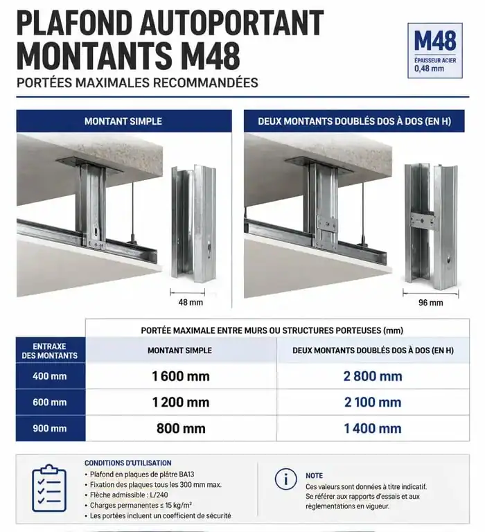 Infographie des portées maximales pour plafond autoportant M48 simple et doublé