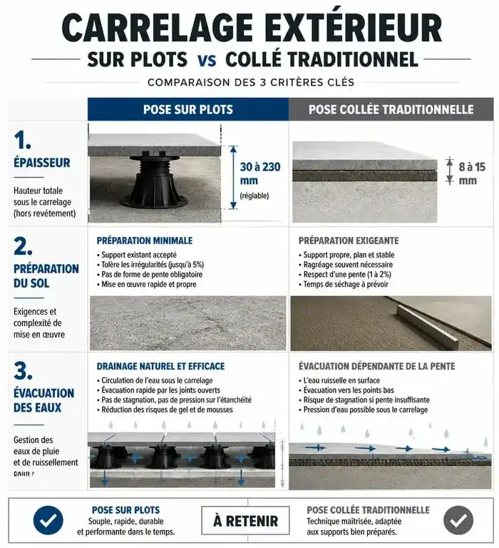 Comparatif technique : pose de carrelage sur plots vs pose collée traditionnelle