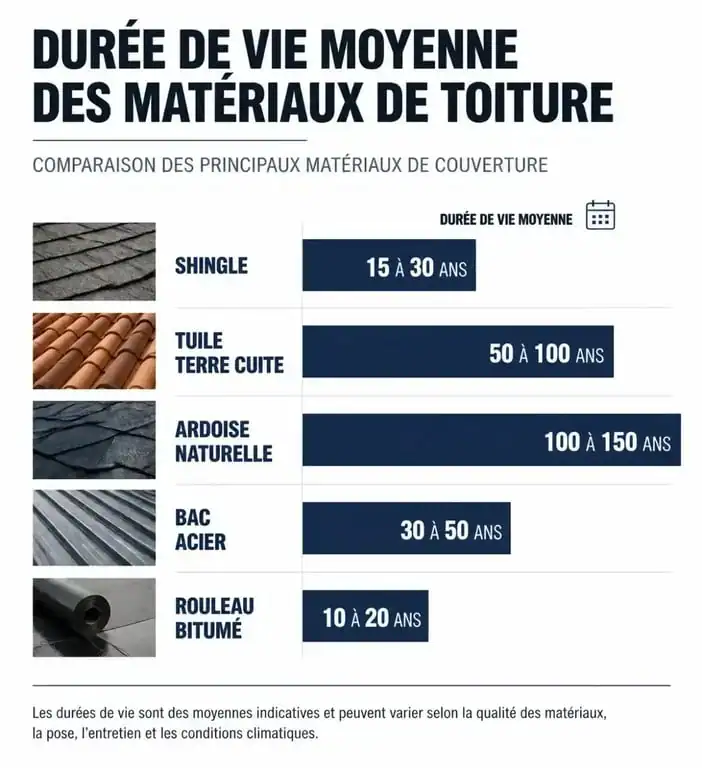Comparatif de la durée de vie d'une toiture en shingle par rapport aux autres matériaux de couverture