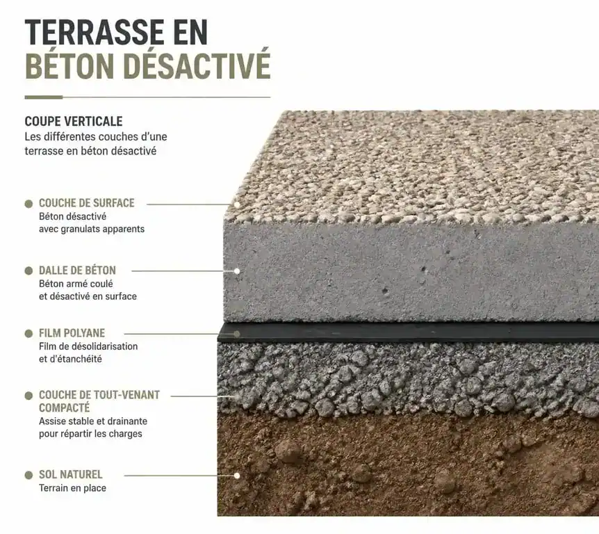 Schéma en coupe des couches d'une terrasse en béton désactivé