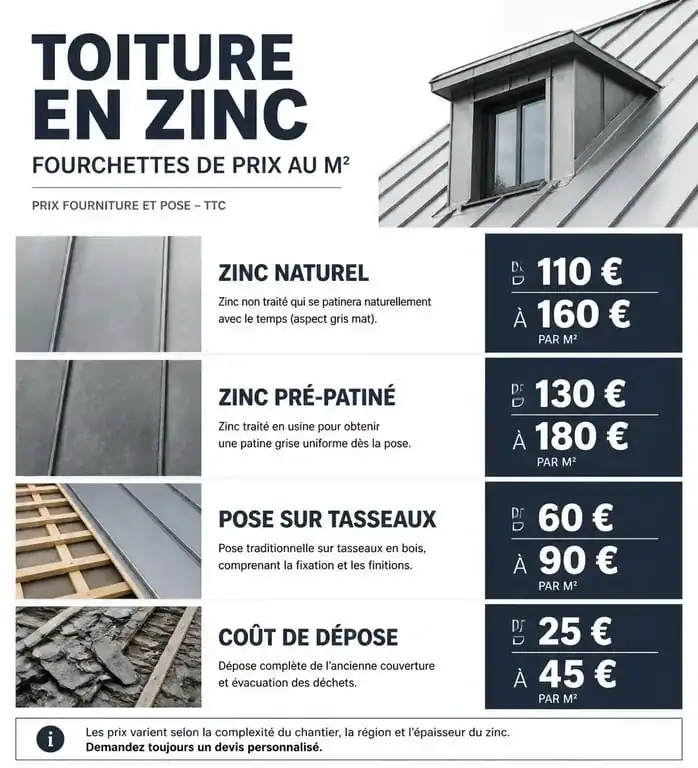 Infographie comparative des prix au m² pour une toiture en zinc : zinc naturel, pré-patiné et pose sur tasseaux.