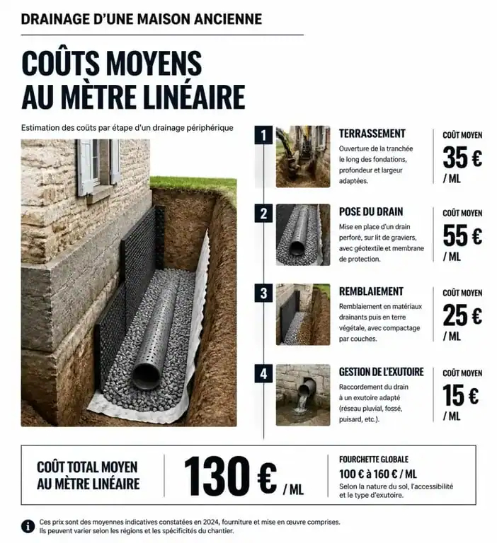Infographie des coûts et étapes du drainage d'une maison ancienne pour prévenir l'humidité