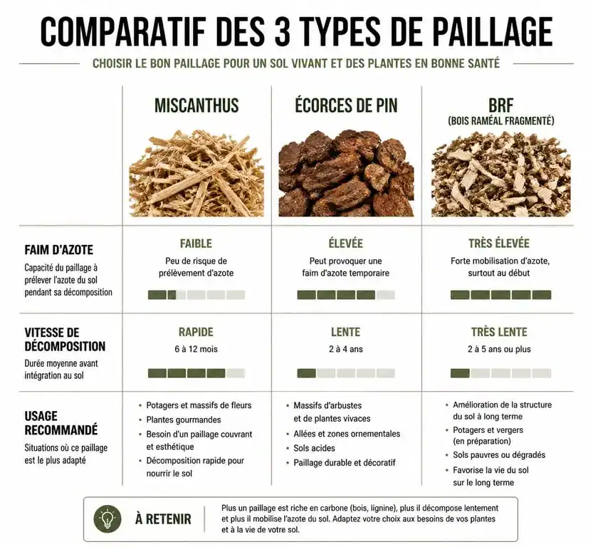 Infographie comparative des inconvénients du paillage miscanthus par rapport aux écorces de pin et au BRF