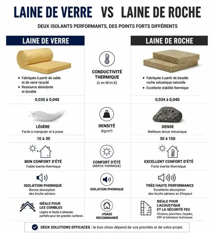 Tableau comparatif illustré : différence entre laine de verre et laine de roche pour l'isolation thermique