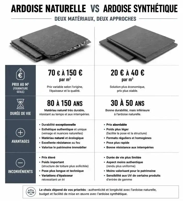 Comparatif prix et caractéristiques toit en ardoise naturelle vs synthétique