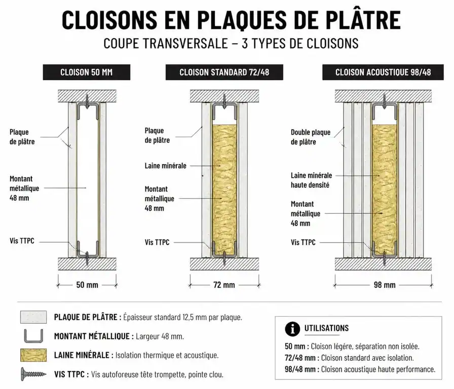 Schéma des différentes épaisseurs de cloison Placo avec rail : 50mm, 72mm et 98mm
