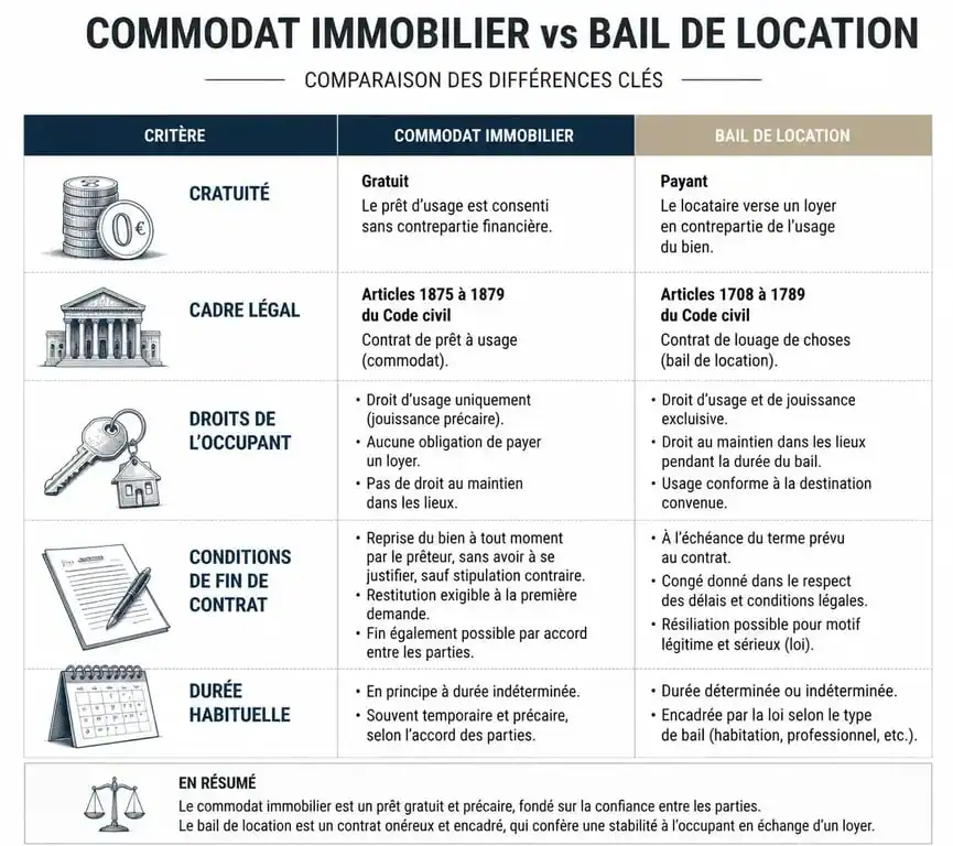 Tableau comparatif illustrant les différences juridiques entre le commodat immobilier et le bail de location.