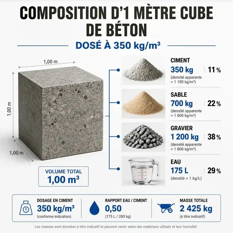 Composition d'1m3 de béton dosé à 350kg par m3
