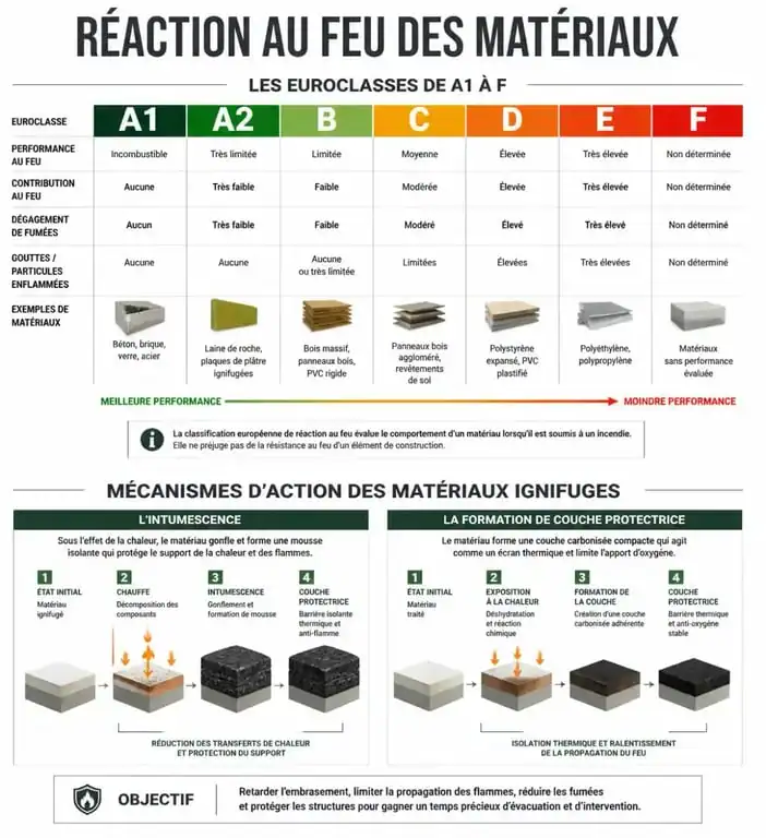 Infographie sur les matériaux ignifuges et les classes de réaction au feu