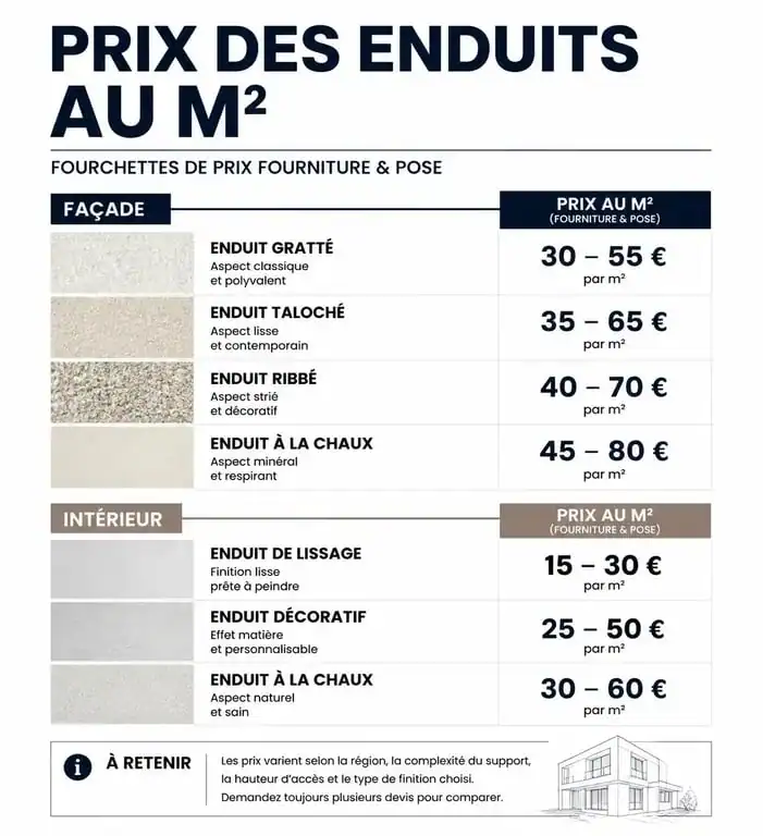 Infographie des prix de l'enduit au m2 selon le type de finition et d'application