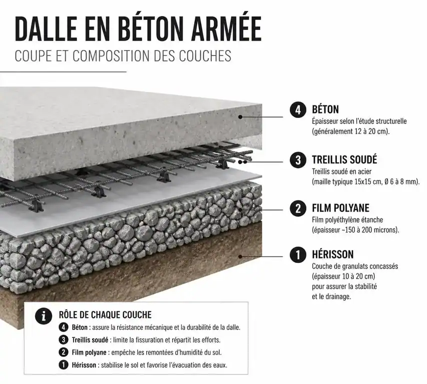 Schéma en coupe d'une dalle en béton armé avec ses différentes couches techniques