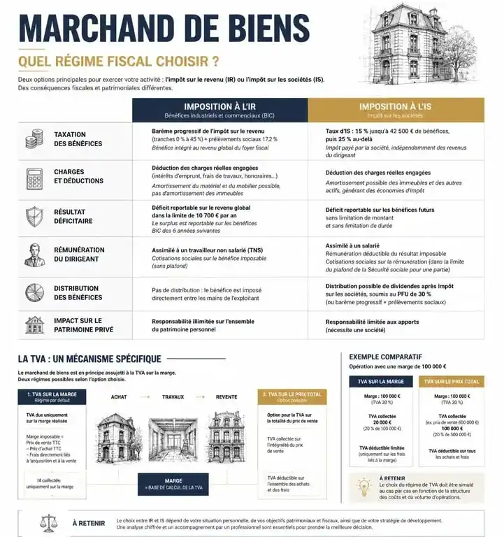 Tableau comparatif de la fiscalité pour marchand de biens : IR, IS et TVA