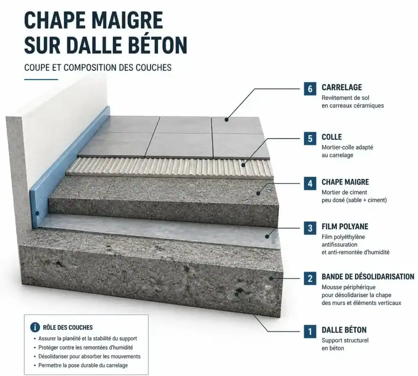 Schéma technique des couches d'une chape maigre pour carrelage