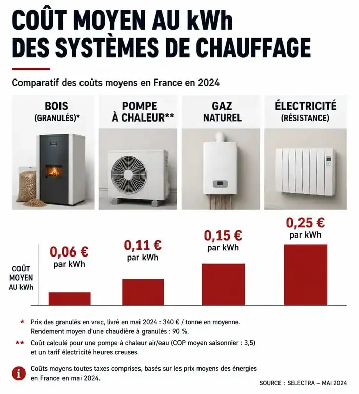 Comparatif des coûts moyens au kWh des différents modes de chauffage pour identifier le chauffage le moins cher.