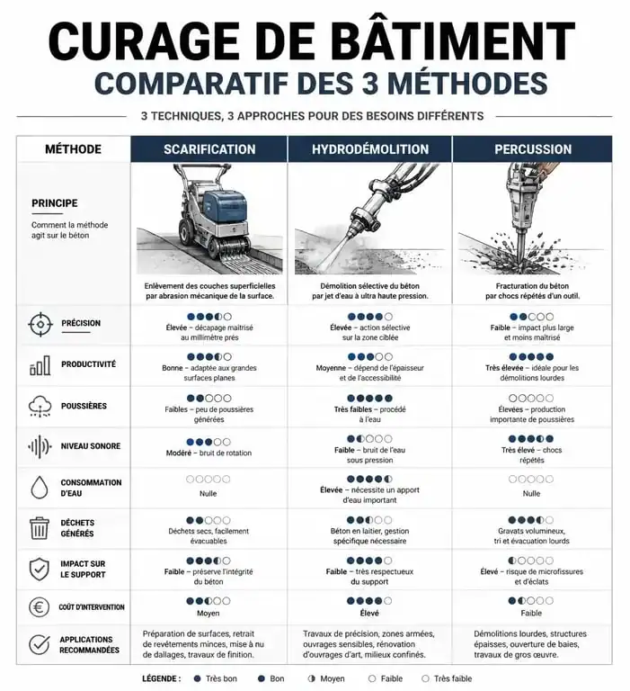 Infographie comparative des méthodes de curage de bâtiment : scarification, hydrodémolition et percussion