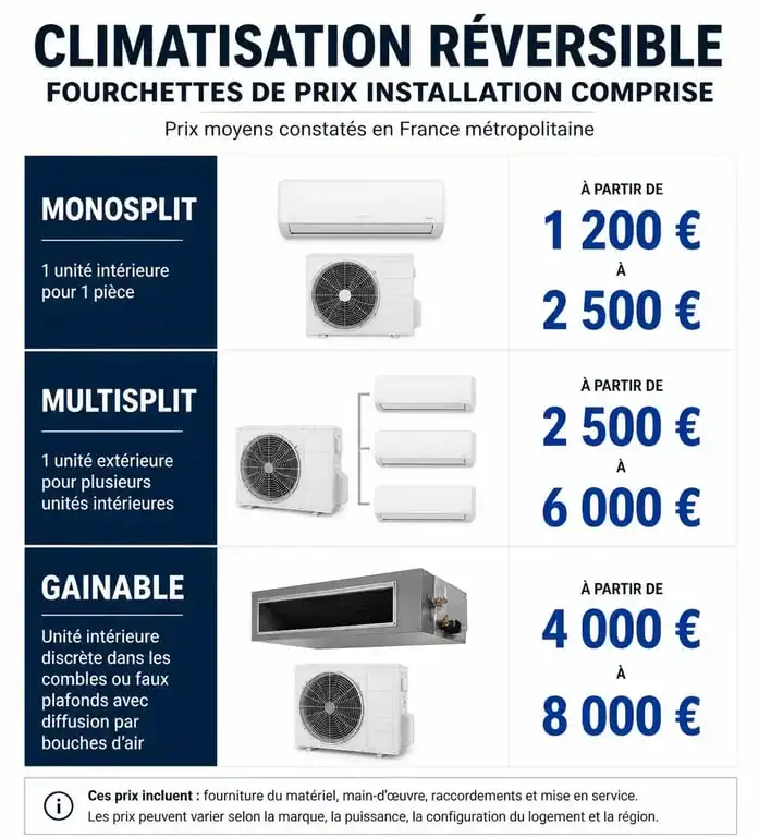 Comparatif des prix d'une climatisation réversible selon le type d'installation
