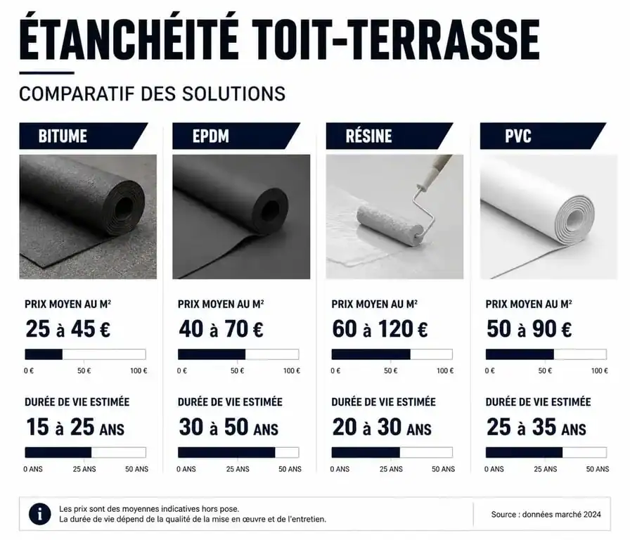 Comparatif des prix au m2 et durées de vie pour l'étanchéité d'un toit terrasse selon le matériau