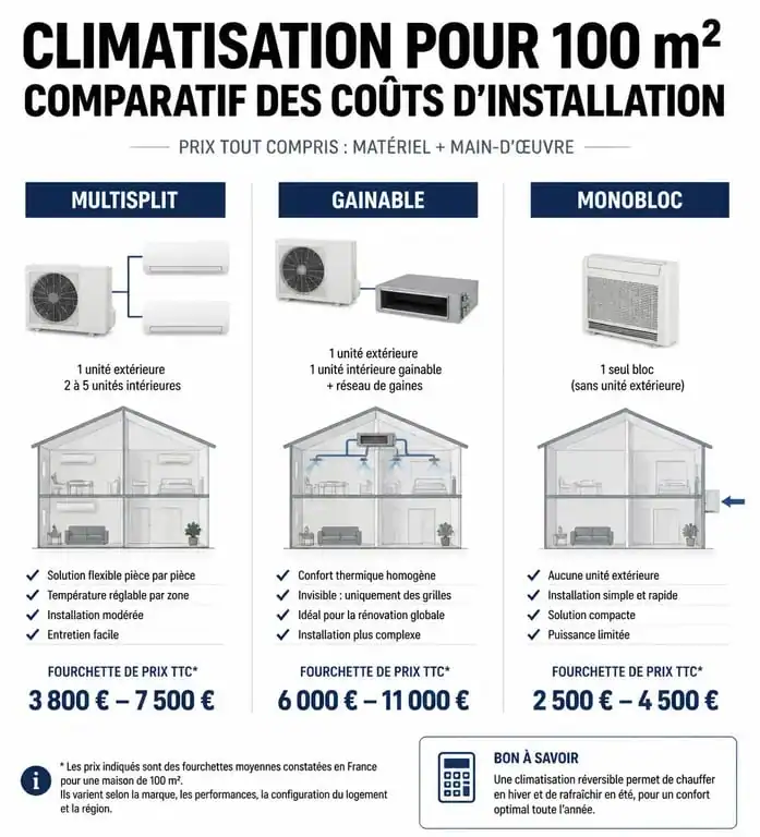 Comparatif des prix d'installation d'une climatisation pour maison de 100m2 par type de système