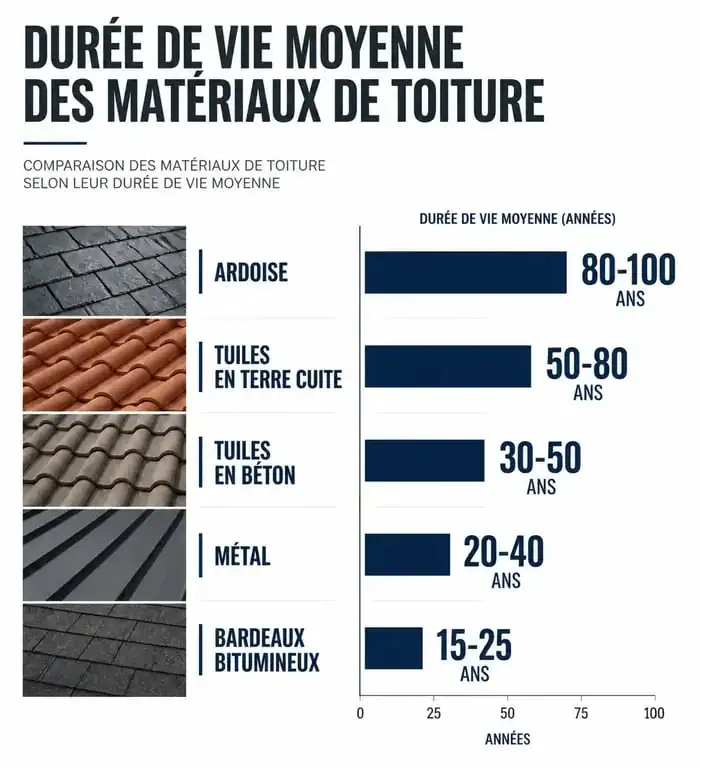 Graphique comparatif de la durée de vie des matériaux de toiture : ardoise, tuile terre cuite, béton, bac acier et bardeaux.