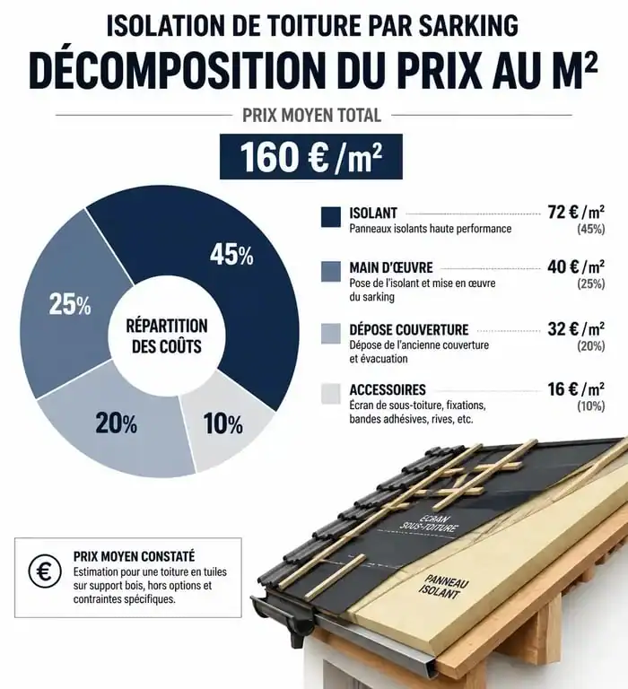 Répartition du prix au m² pour une isolation de toiture par sarking : dépose, isolant, main d'œuvre et accessoires.