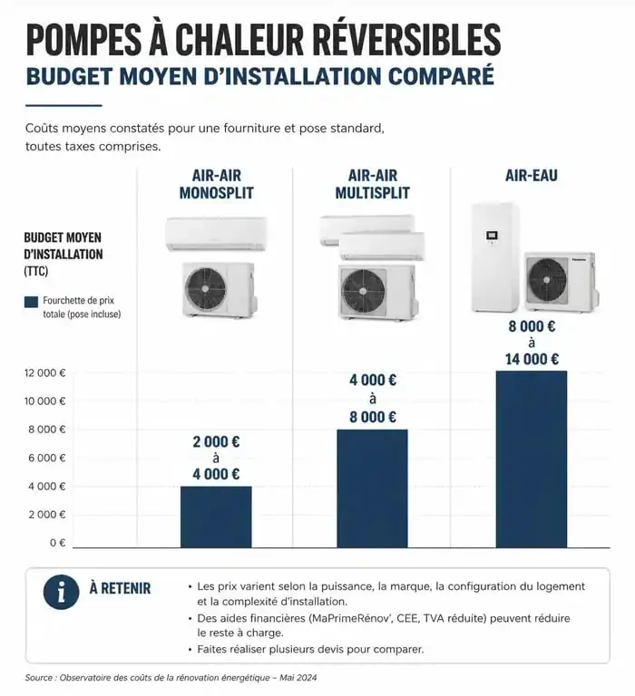 Comparatif des prix d'installation d'une pompe à chaleur clim réversible selon le type d'équipement