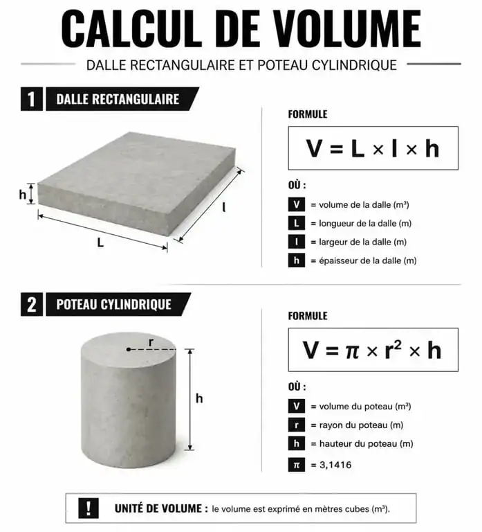 Schéma illustrant le calcul du volume de béton en m3 pour une dalle et un poteau