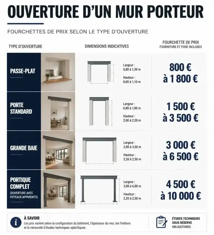 Infographie des prix pour l'ouverture d'un mur porteur avec poutre IPN selon le type de projet