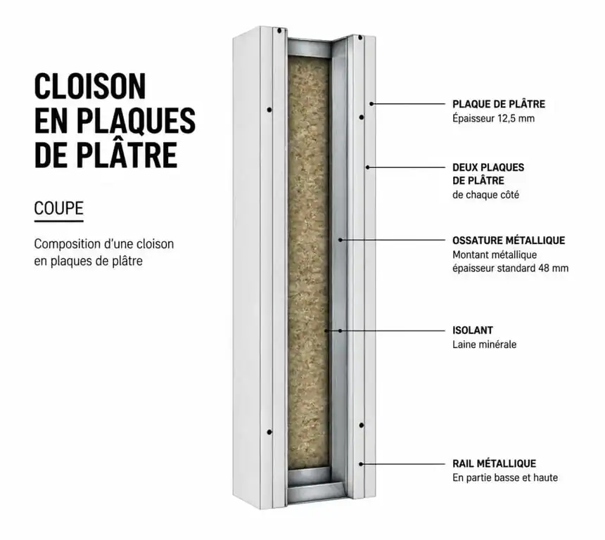 Schéma en coupe d'une cloison en Placo montrant l'épaisseur de l'ossature et des plaques pour comprendre l'épaisseur cloison placo