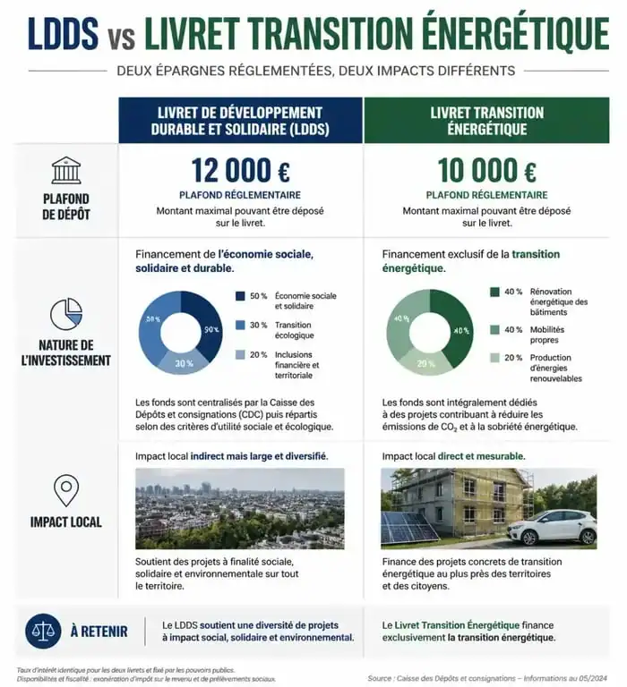 Infographie comparative entre le LDDS et le livret transition énergétique pour comprendre les différences de plafond et d'impact.