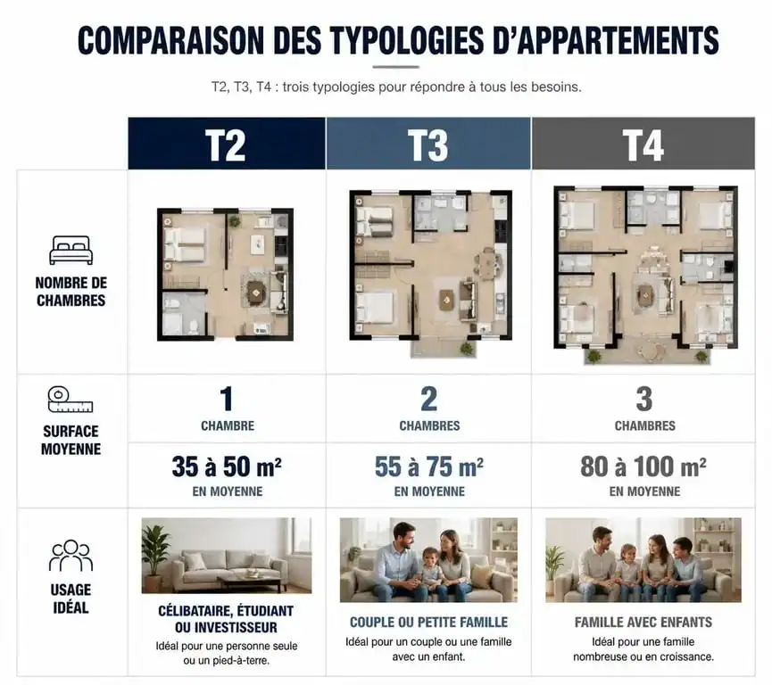 Comparatif des typologies d'appartements T2, T3 et T4 pour comprendre combien de chambres comporte un T3