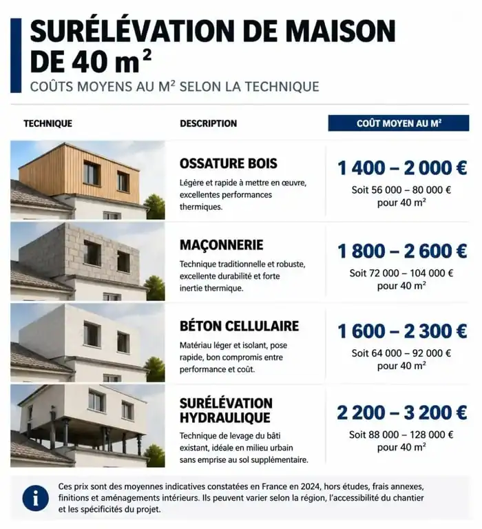 Infographie du prix moyen d'une surélévation de maison de 40m2 selon les techniques de construction