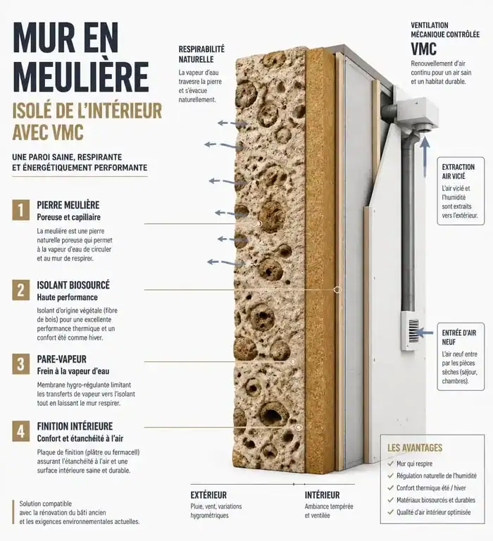 Schéma technique de l'isolation d'une maison meulière : coupe de mur, isolant et VMC pour rénovation énergétique.