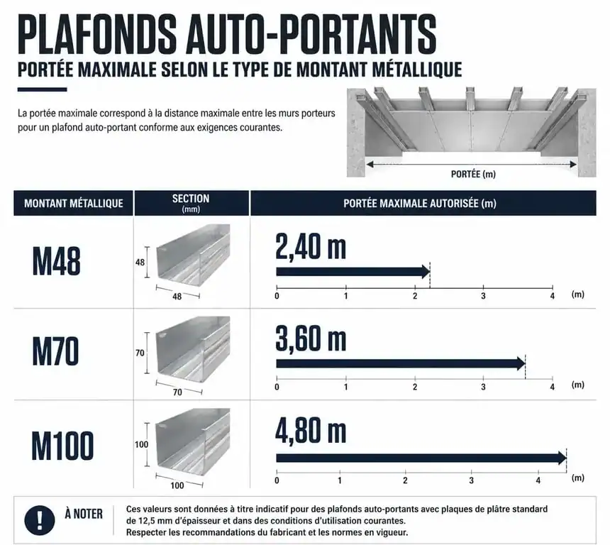 Tableau des portées maximales pour plafond autoportant selon la section des montants
