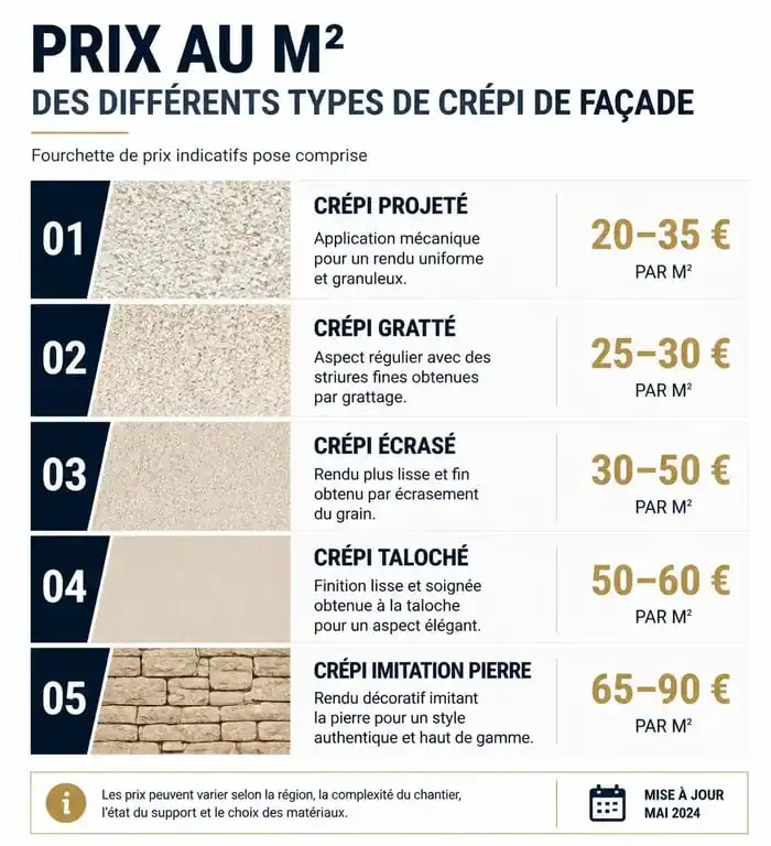 Infographie comparative du prix au m2 du crépi de façade selon la finition